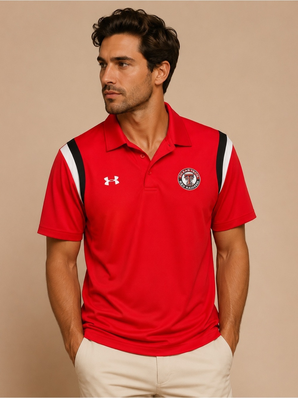 Texas Tech Under Armour Red Polo with Black and White Shoulder Stripes